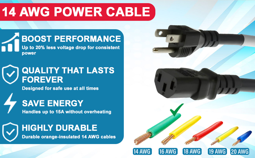 14 awg power cord 3 prong power cable 3 prong extension cord 3 ft computer power cord 6ft