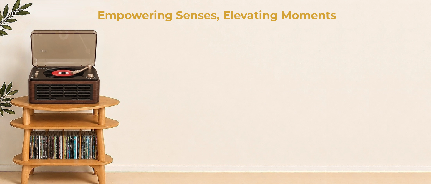 Text reads 'Empowering Senses, Elevating Moments'. Wooden storage box with multiple drawers and craft supplies visible against cream-colored background with decorative foliage.