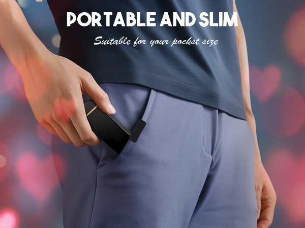 Slim black device being inserted into a pants pocket, demonstrating portable size. Text overlay reads 'Portable and Slim'.