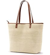 KALIDI Straw Tote Beach Bag Striped Shoulder Handbag Stitch Woven PU Leather Handle Zippe Travel ...