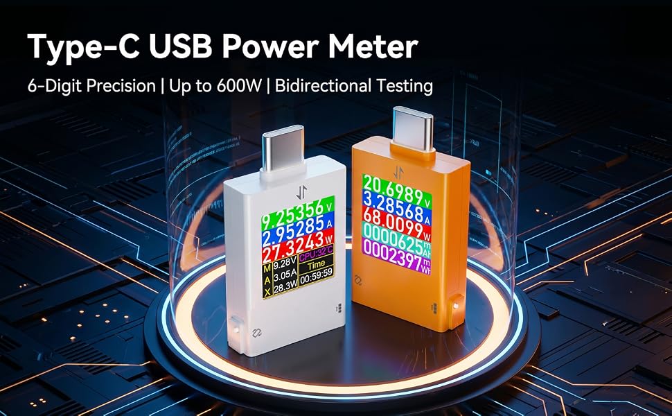 Type C USB Power Meter, 6-Digital Precision, Up to 600W, Bidirectional Testing