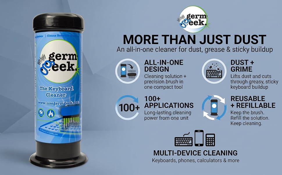 Germ Geek cleaner removes dust, grease and sticky buildup from electronics.