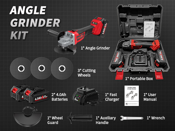 FULLYEA Cordless Angle Grinder 4-1/2 inch Brushless Metal Grinder 10000RPM Powerful