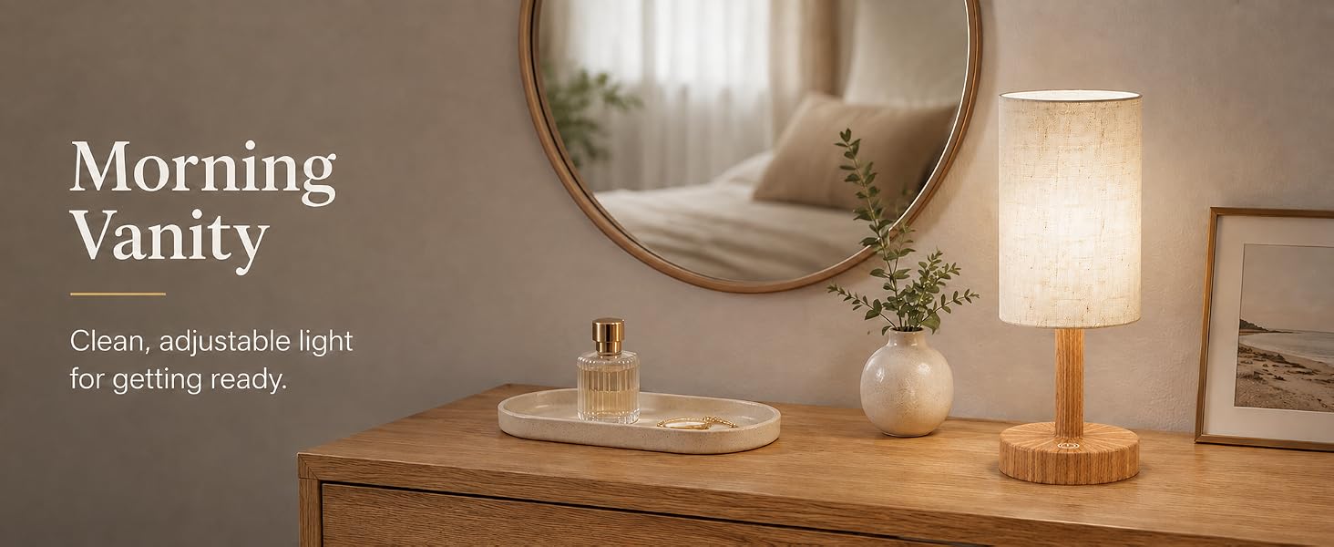 Text reads 'Morning Vanity' with subtitle 'Create Morning-and Routines'. Wooden vanity desk with tabletop mirror and bedside lamp in neutral interior.