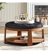 Modern Large Round 2-Tier Ottoman Coffee Table – Button-Tufted Waterproof Linen with Wood Shelf &amp;...