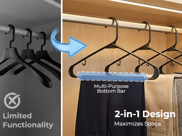 Hanger with bottom bar for pants, skirts. Multi-use design pairs with J-hook shoulder for straps