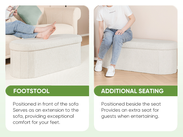 Text reads: 'FOOTSTOOL: Positioned in front of the sofa. Serves as an extension to the sofa, providing practical foot support.' and 'ADDITIONAL SEATING: Positioned beside the seat. Provides an extra seat for guests when entertaining.'