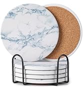 Hoewina 6Pcs Drink Coasters with Holder, Marble Style Ceramic Drink Coaster, Absorbent Coasters S...