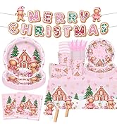 142 Pcs Pink Christmas Gingerbread Party Decorations Merry Christmas Cookie House Gingerbread Man...