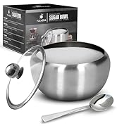 Sugar Bowl with Glass Lid and Spoon | 12oz Sugar Container for Coffee Bar | Stainless Steel Holde...