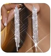 Silver Shiny Rhinestone Long Tassel Dangle Earrings for Women Trendy, Unique Bling Zirconia Drop ...