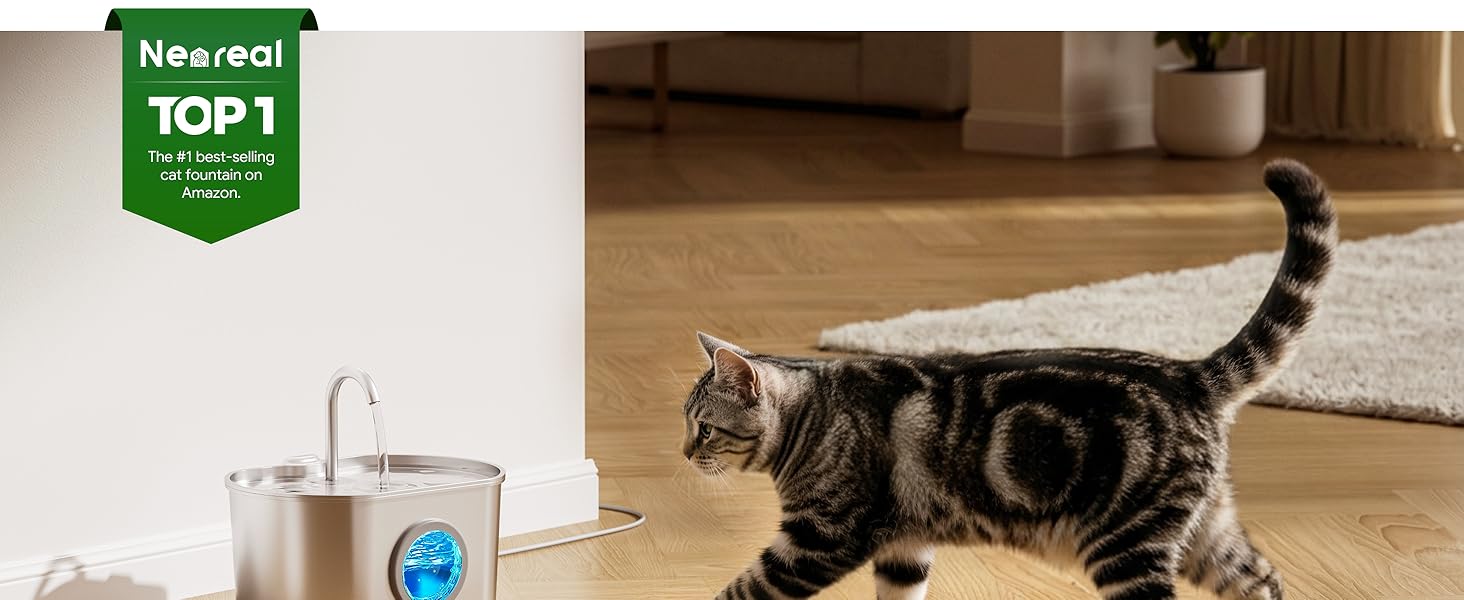 The Neareal fountain features a sleek stainless steel design and blue-lit water viewing window.