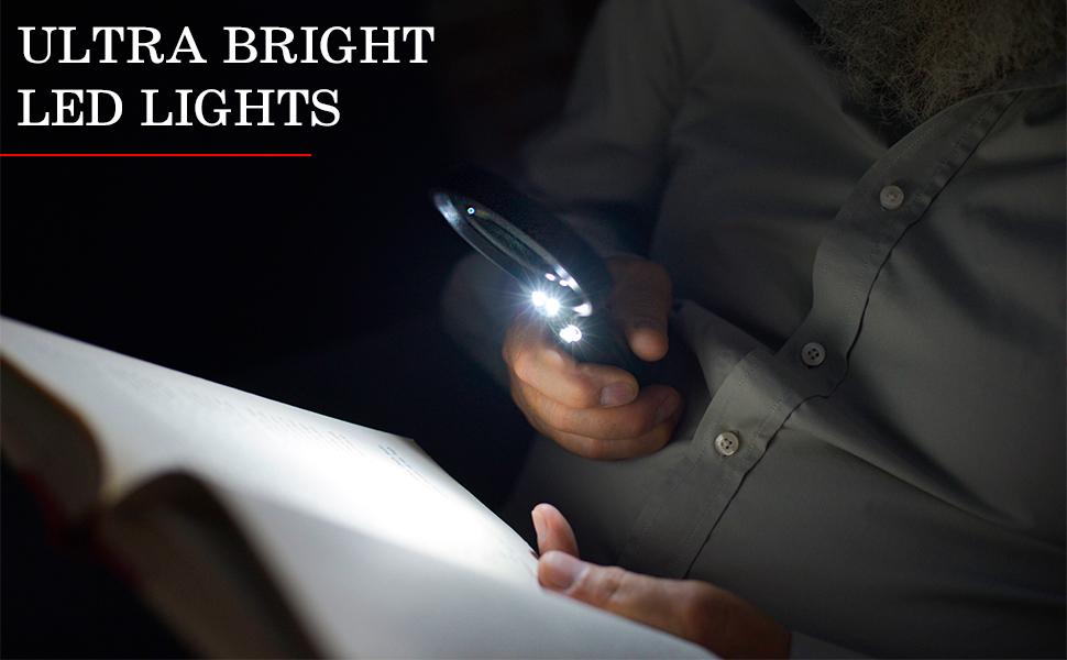 Lighted magnifying glass with 3x lens for reading coins and stamps with handheld led magnifier
