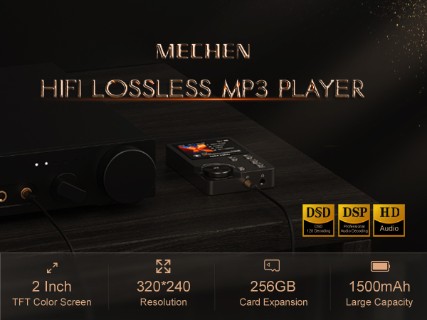 Portable MP3 player with 2-inch screen, 32GB storage, 256GB expansion, and 1500mAh battery. Features lossless audio playback and hi-fi capabilities.