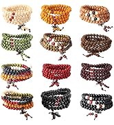 LOYALLOOK 12Pcs 108 Mala Bead Bracelets 8MM Buddhist Prayer Strand Sandalwood Wood Beaded Bracele...