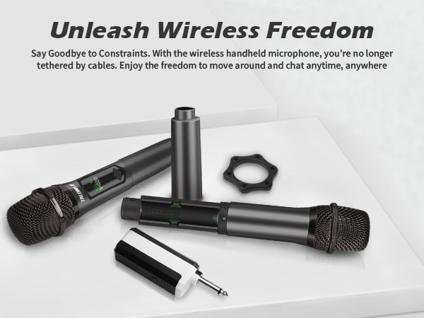 Two black wireless handheld microphones with green indicator lights, shown alongside a wireless receiver and mounting ring. Product emphasizes freedom from cables for mobile use.
