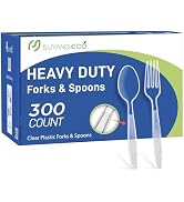 [300 Count] Plastic Cutlery Set Heavy Duty Clear Disposable Fork And Spoon with Engraved Design -...