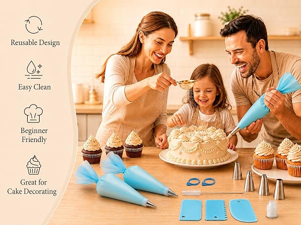 Byfryna piping bags and tips set with family cake decorating scene