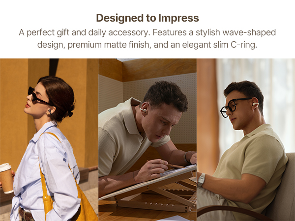 Text reads "Designed to Impress" and "A perfect gift and daily accessory. Features a stylish wave-shaped design, premium matte finish, and an elegant slim C-ring." Three photos show people using/presenting the product in various settings.