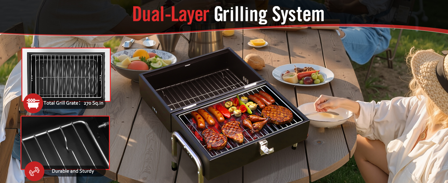 Dual-layer portable grilling system showing two cooking surfaces, with food being grilled on the top grate while additional items cook below.