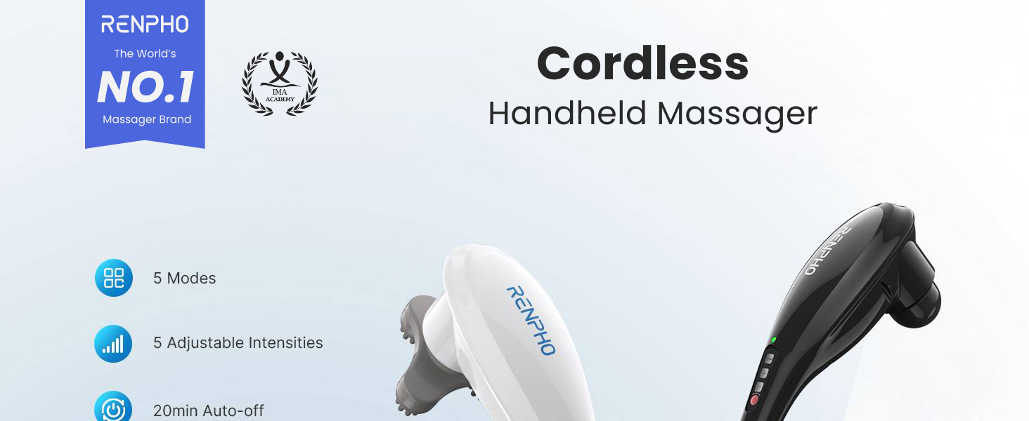 RENPHO cordless handheld massager in white and black for neck and shoulder comfort