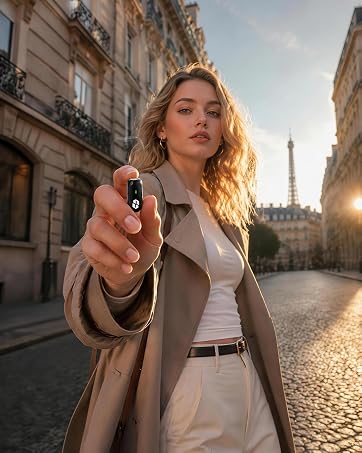 Creator holding SONEVOX AirMic wireless microphone in Paris for clear mobile content recording