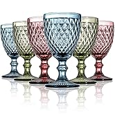 ZOOFOX Set of 6 Wine Glasses, 10 oz Colored Glass Goblet with Diamond Pattern, Embossed High Clea...