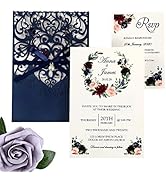 DreamBuilt 5X7.2 Inch 50PCS Blank Laser Cut Navy Blue Wedding Invitations With Rsvp Cards And Env...