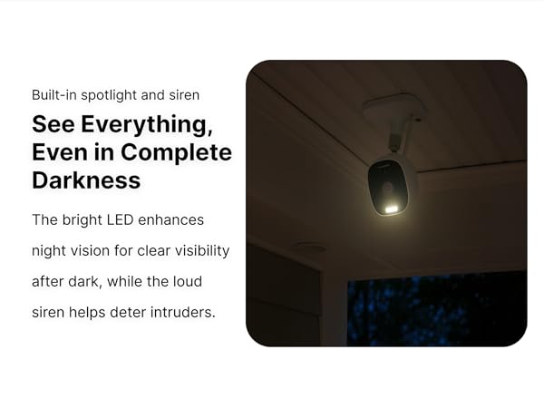 Camera with built-in LED spotlight and siren providing clear visibility in complete darkness.