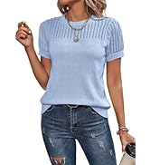 Dokotoo Womens Summer Tops Dressy Casual Crewneck Short Sleeve Shirts Solid Hollow Out Knit Loose...
