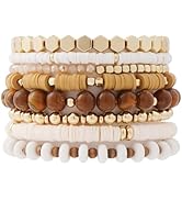 GOOJIDS Surfer Heishi Clay Bead Bracelets for Women Bohemian Stackable Gold Beaded Stretch Bracel...