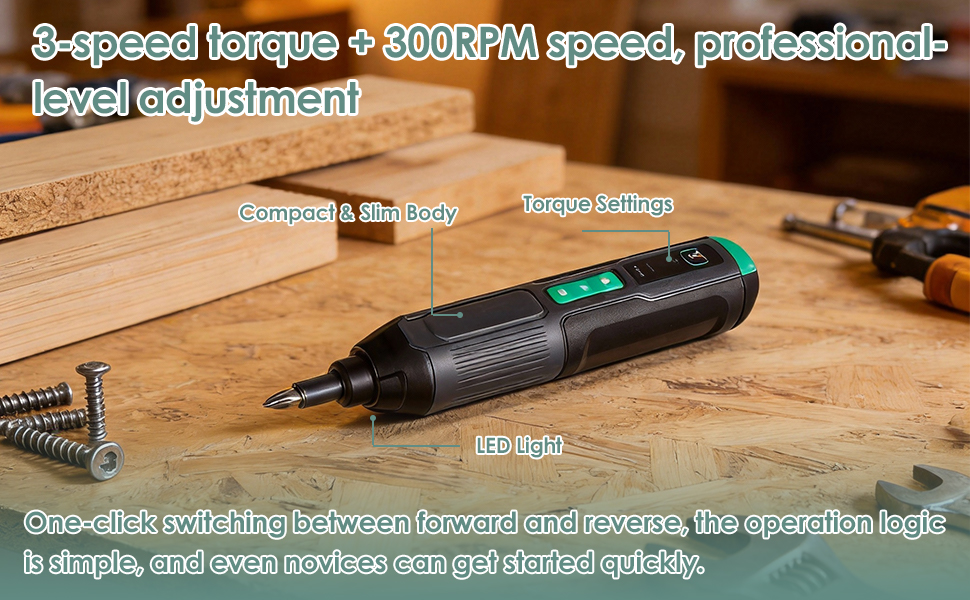 Primero Basics 4V Cordless Electric Screwdriver Kit – USB-C Rechargeable, Dual LED Light, 3 Torque/