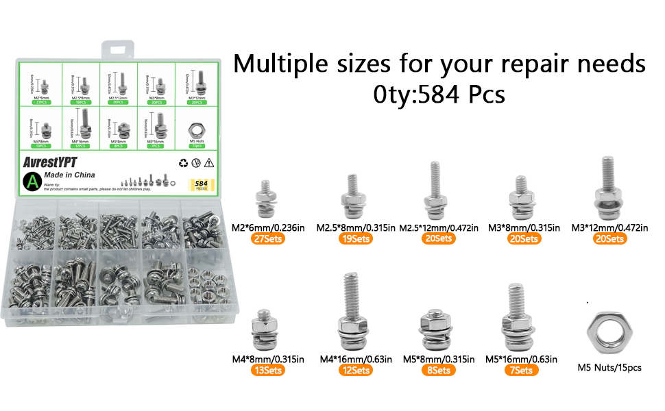 metric screw assortment; screw set; metric bolt assortment; m screws assortment kit; small screws; 