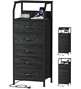 Furnulem 5 Drawers Dresser with Charging Station, Fabric Chest of Drawers with Open Shelf, Tall N...