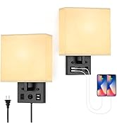 OYEAL Plug in Wall Sconces Set of 2 Bedside Wall Lamp Light with USB Charging Ports AC Socket, Fa...