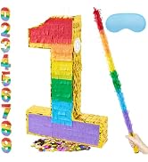 PCFING 20 Inch Number 1 Piñata Rainbow with 30 Inch Piñata Stick Blindfold Confetti for Boy Girl ...