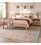 Goideal Floral Bedroom Rug 4x6, Pale Pink Washable Area Rug Non Slip, Boho Low Pile Carpet with R...