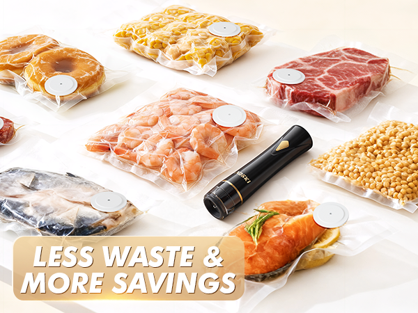 Assorted foods like meat, shrimp, beans, and donuts vacuum sealed with Aoski sealer for freshness