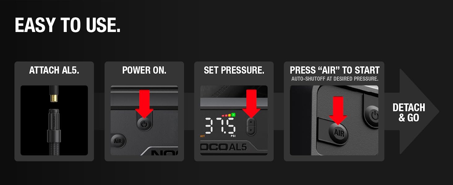 easy to use mini portable tire inflator attach power on set pressure gauge start quick inflation