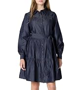 Essentials Women's Fit and Flare Denim Chambray Long-Sleeve Tiered Shirtdress