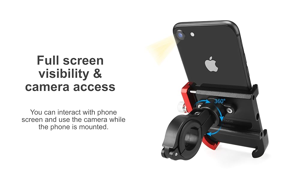 Text reads 'Full screen visibility & camera access. You can interact with phone screen and use the camera while the phone is mounted.' Black phone mount with adjustable viewing screen shown.