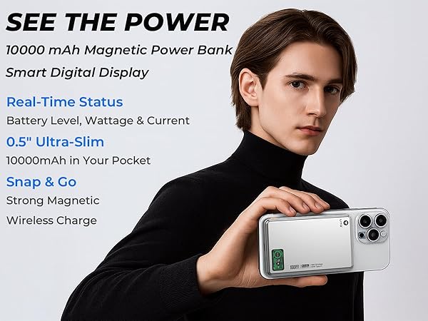 Man holding slim magnetic power bank with smart digital display