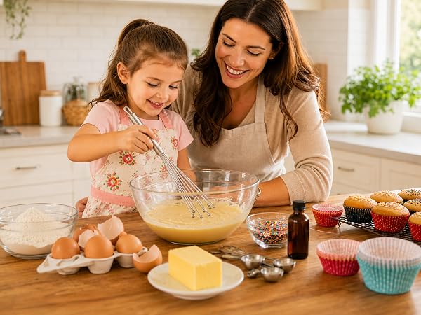 mother daughter mixing muffin batter