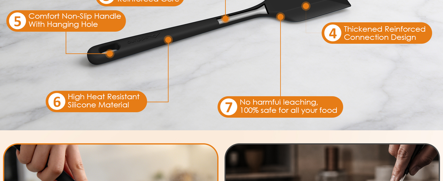 Silicone kitchen utensils with seamless design, reinforced steel core, and sturdy yet flexible heads