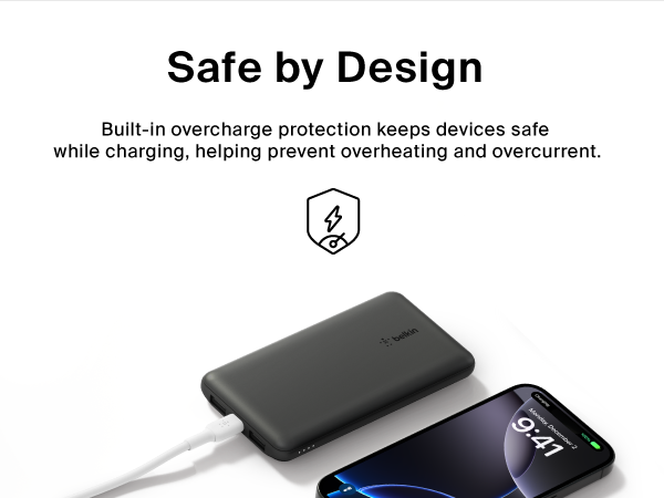  Image of power block charging phone with text reading safe by design.