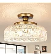 Lamomo Semi Flush Mount Ceiling Light, 3-Bulb Hallway Light Fixture, Antique Brass Gold Globe Gla...