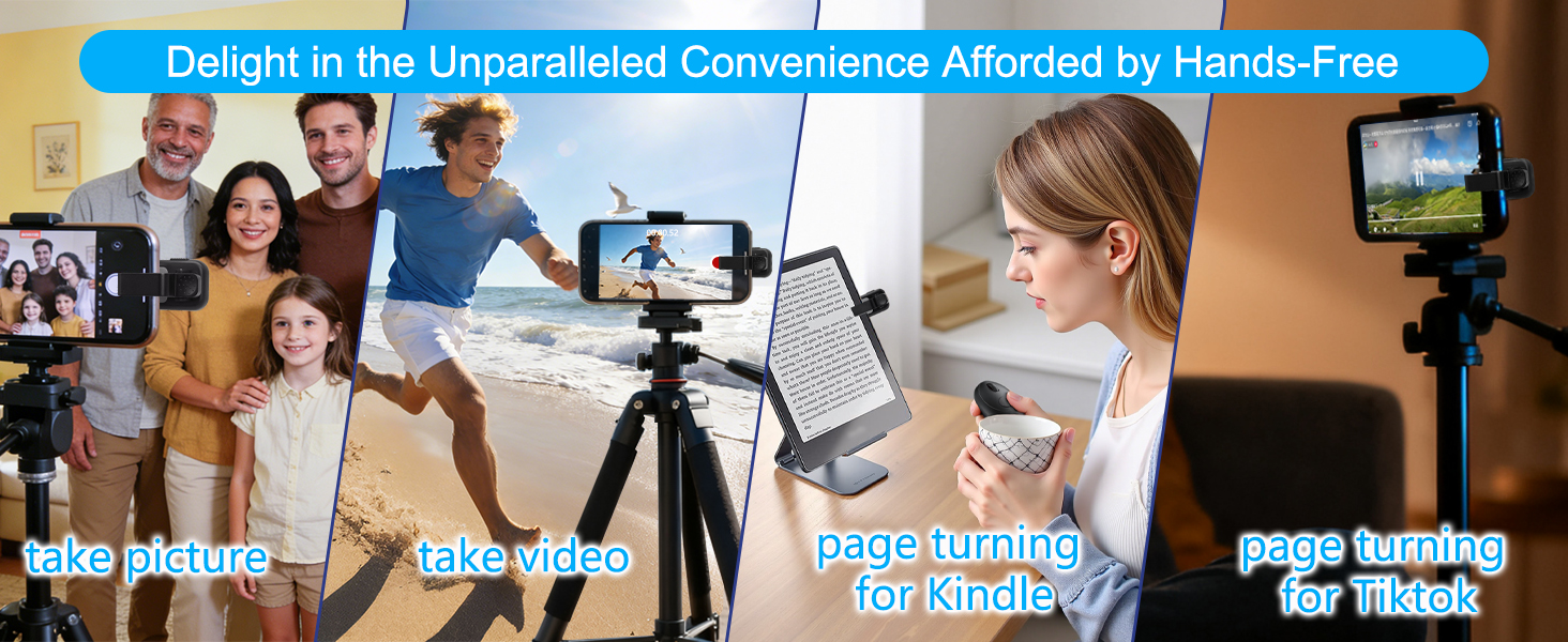 Text reads 'Delight in the Unparalleled Convenience Afforded by Hands-Free'. Collection of photos showing device being used for hands-free reading, picture taking, and page turning.