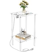 Eglaf Acrylic End Table with Charging Station - 2 Tiers Small Side Table/Bedside Table with USB P...