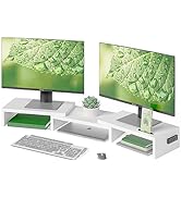 BONTEC Dual Monitor Stand Riser with Smartphone Holder, Adjustable Length &amp; Swivel Angle Wooden D...