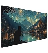 Buslint Castle Fireworks XXL Gaming Mouse Pad, Fantasy Night Sky Design with Cat Silhouette, Exte...